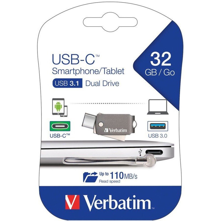 Verbatim 32 GB USB 3.1 Type C, USB 3.0 Flash Drive - Metallic Grey