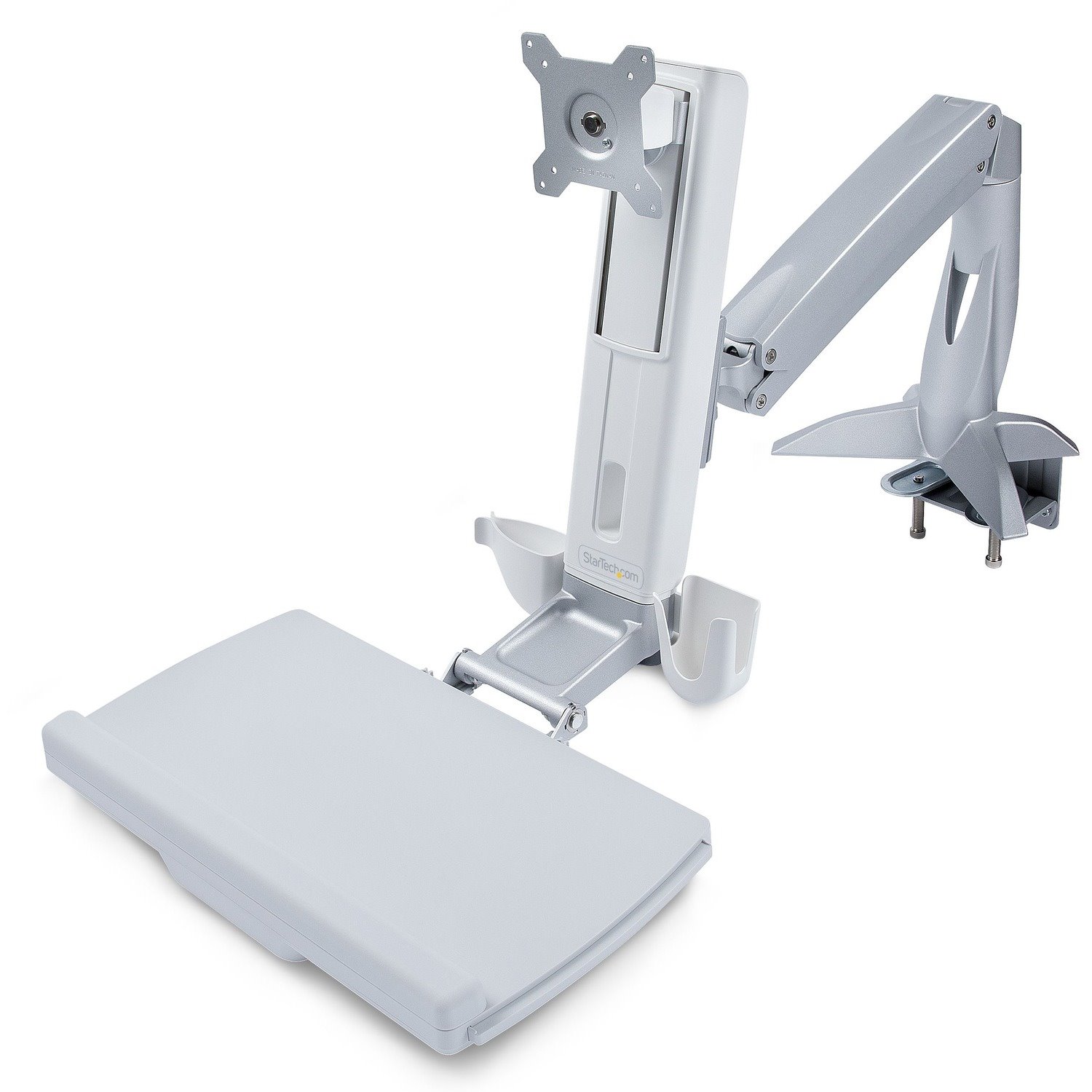 StarTech.com Sit-Stand Monitor Arm, Keyboard Tray, Desk Mount Sit-Stand Workstation up to 27 inch VESA Display, Standing Desk Converter