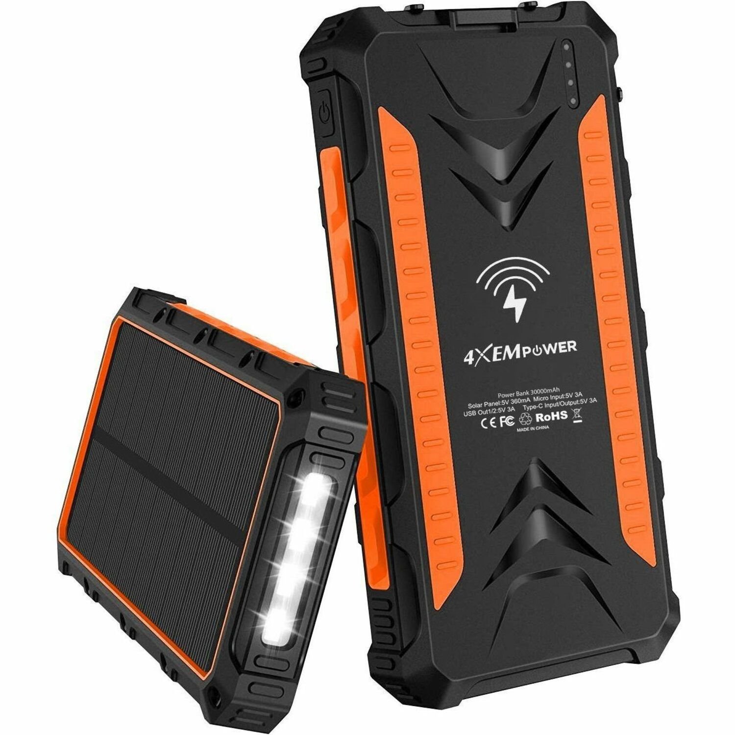 4XEM 30,000 mAh Mobile Solar Power Bank and Charger (Orange)