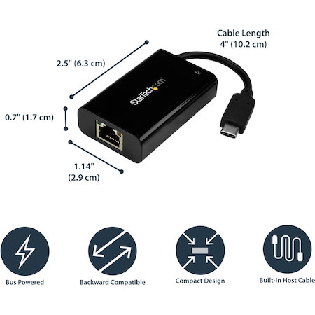StarTech.com USB C to Gigabit Ethernet Adapter/Converter w/PD 2.0 - 1Gbps USB 3.1 Type C to RJ45/LAN Network w/Power Delivery Pass Through