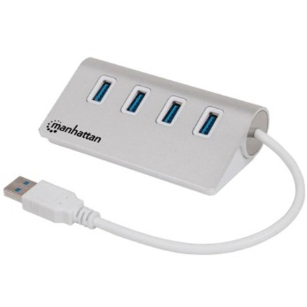 Manhattan USB-A 4-Port Hub, 4x USB-A Ports, 5 Gbps (USB 3.2 Gen1 aka USB 3.0), Bus Powered, Fast charging up to 0.9A, ST43004UA, SuperSpeed USB, Aluminium Housing, Windows and Mac, Silver, Three Year Warranty, Blister