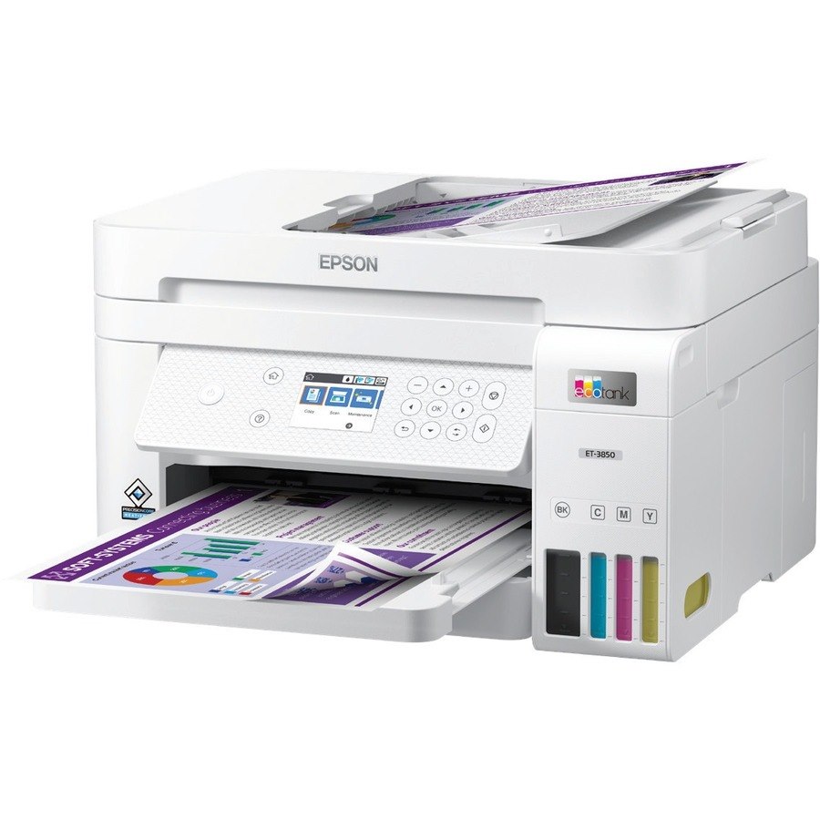 Epson EcoTank ET-3850 Inkjet Multifunction Printer-Color-Copier/Scanner-4800x1200 dpi Print-Automatic Duplex Print-5000 Pages-250 sheets Input-9600 dpi Optical Scan-Wireless LAN-Apple AirPrint-Android Printing-Fire OS-Mopria-Epson Email Prin