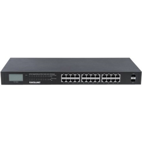 Intellinet 24-Port Gigabit Ethernet PoE+ Switch with 2 SFP Ports, LCD Display, IEEE 802.3at/af Power over Ethernet (PoE+/PoE) Compliant, 370 W, Endspan, 19" Rackmount (With C14 2 Pin Euro Power Cord)
