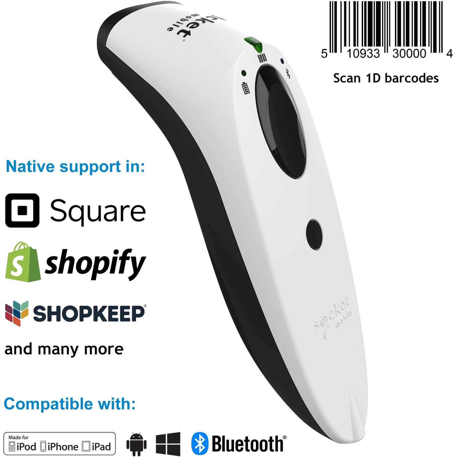 Socket Mobile SocketScan S730 Handheld Barcode Scanner - Wireless Connectivity - White