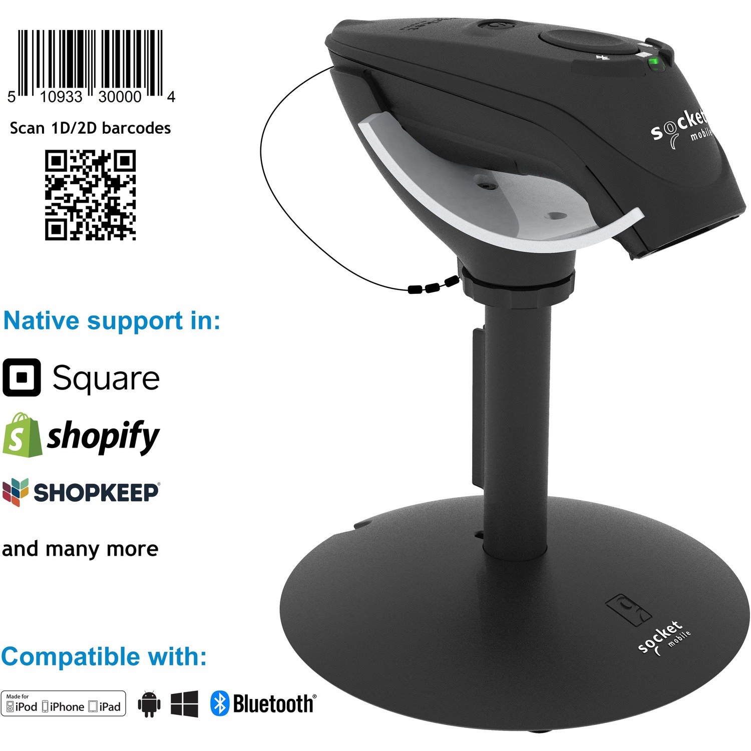 Socket Mobile DuraScan&reg; D750, Universal Plus Barcode Scanner, Black & Charging Stand
