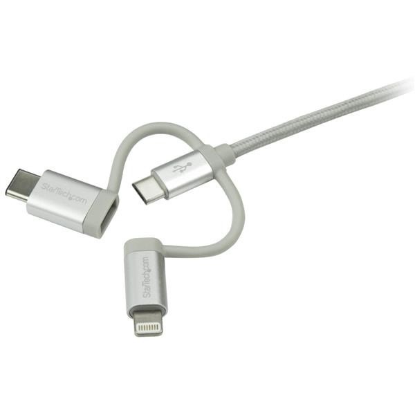 StarTech.com 1m USB Multi Charging Cable - Braided - Apple MFi Certified - USB 2.0 - Charge 1x device at a time - For USB-C or Lightning devices attach the corresponding connector of the cable to the Micro-USB connector and plug into your device - For Micro-USB devices plug the middle connector into your device