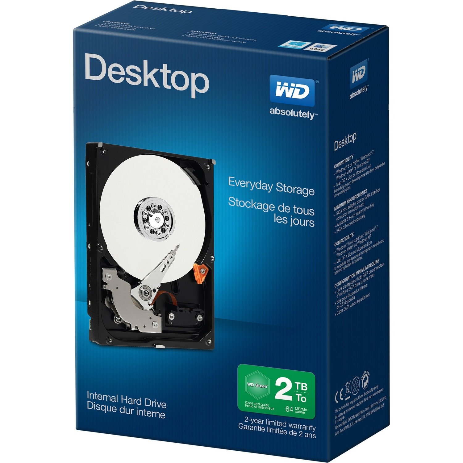 WD 2TB 3.5" Desktop Mainstream SATA 6 Gb/s Internal Hard Drive - SATA - IntelliPower - 64 MB Buffer - Retail