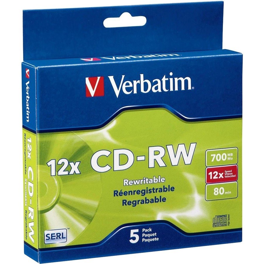 Verbatim CD-RW 700MB 4X-12X High Speed with Branded Surface - 5pk Slim Case