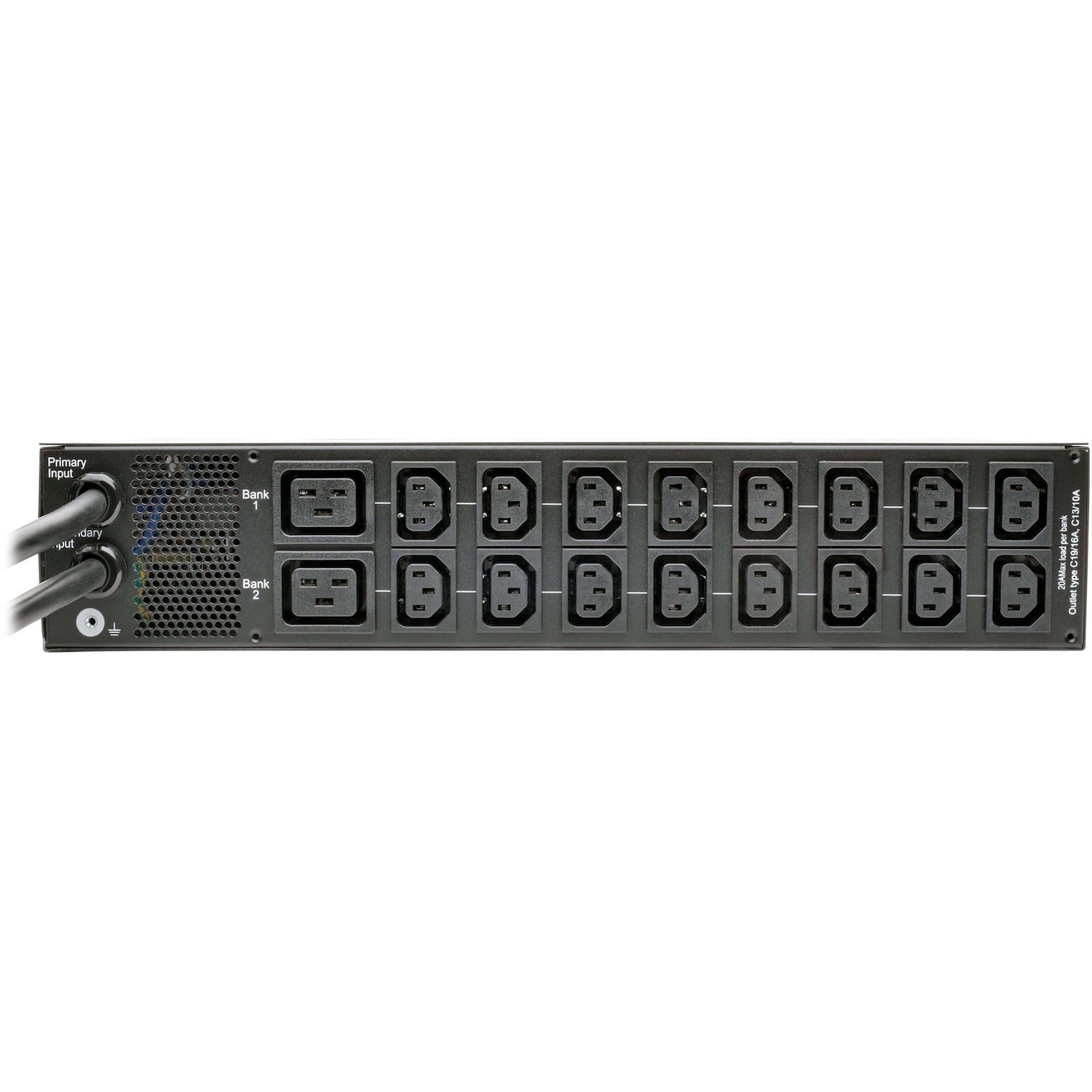 Tripp Lite by Eaton 7.7kW Single-Phase 200-240V Local Metered Automatic Transfer Switch PDU, 2 IEC309 32A Blue Inputs, 16 C13, 2 C19 Outlets, 2U, TAA