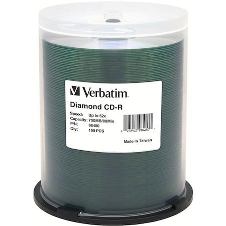 Verbatim CD-R 700MB 52X Diamond Silk Screen Printable, Hub Printable - 100pk Tape Wrap