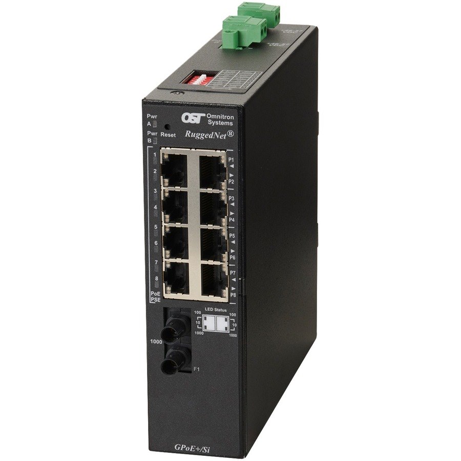 Omnitron Systems RuggedNet Unmanaged Industrial Gigabit PoE+, SM ST, RJ-45, Ethernet Fiber Switch