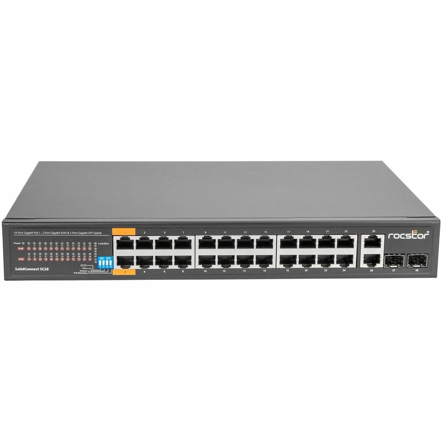 Rocstor SolidConnect SC28 28 Port Switch, 24-Port PoE+ Gigabit Unmanaged Ethernet Port, 2x Gigabit RJ45 & 2× SFP uplink - 802.3af/at