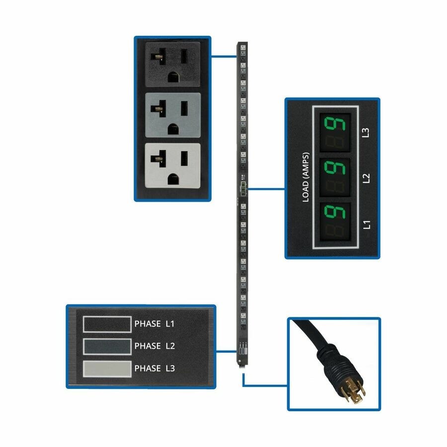 Eaton Tripp Lite Series 5.7kW 3-Phase Local Metered PDU, 120V Outlets (42 5-15/20R), 208V L21-20P input, 6 ft. (1.83 m) Cord, 0U Vertical, TAA