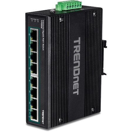 TRENDnet 8-Port Hardened Industrial Unmanaged Gigabit 10/100/1000Mbps DIN-Rail Switch w/ 8 x Gigabit PoE+ Ports; TI-PG80B; 24 ? 56V DC Power inputs with Overload Protection