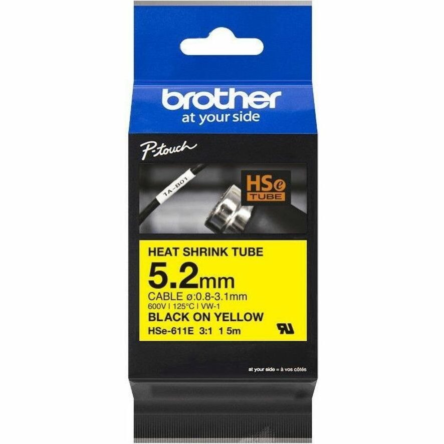 Brother HSe-611E Heat Shrink Tube Tape Cassette - Black on Yellow, 5.2mm wide