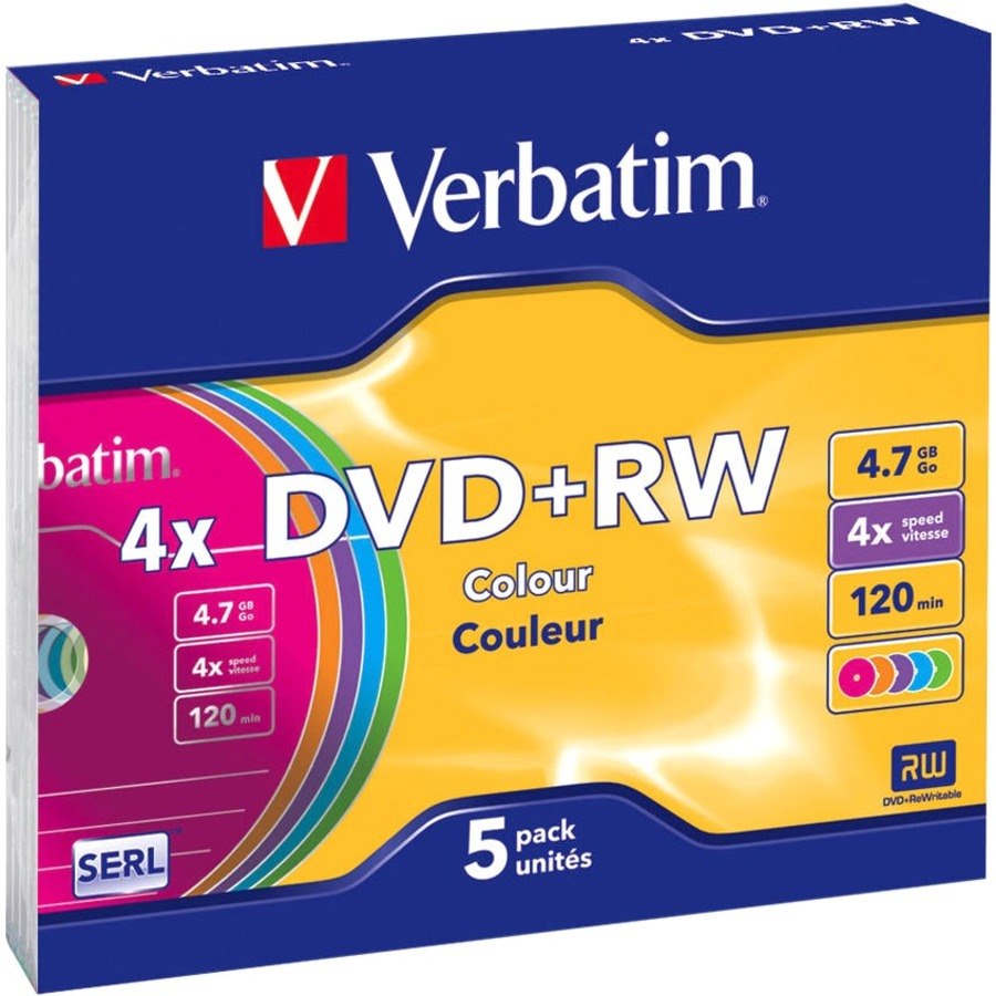 Verbatim 43297 DVD Rewritable Media - DVD+RW - 4x - 4.70 GB - 5 Pack Slim Jewel Case