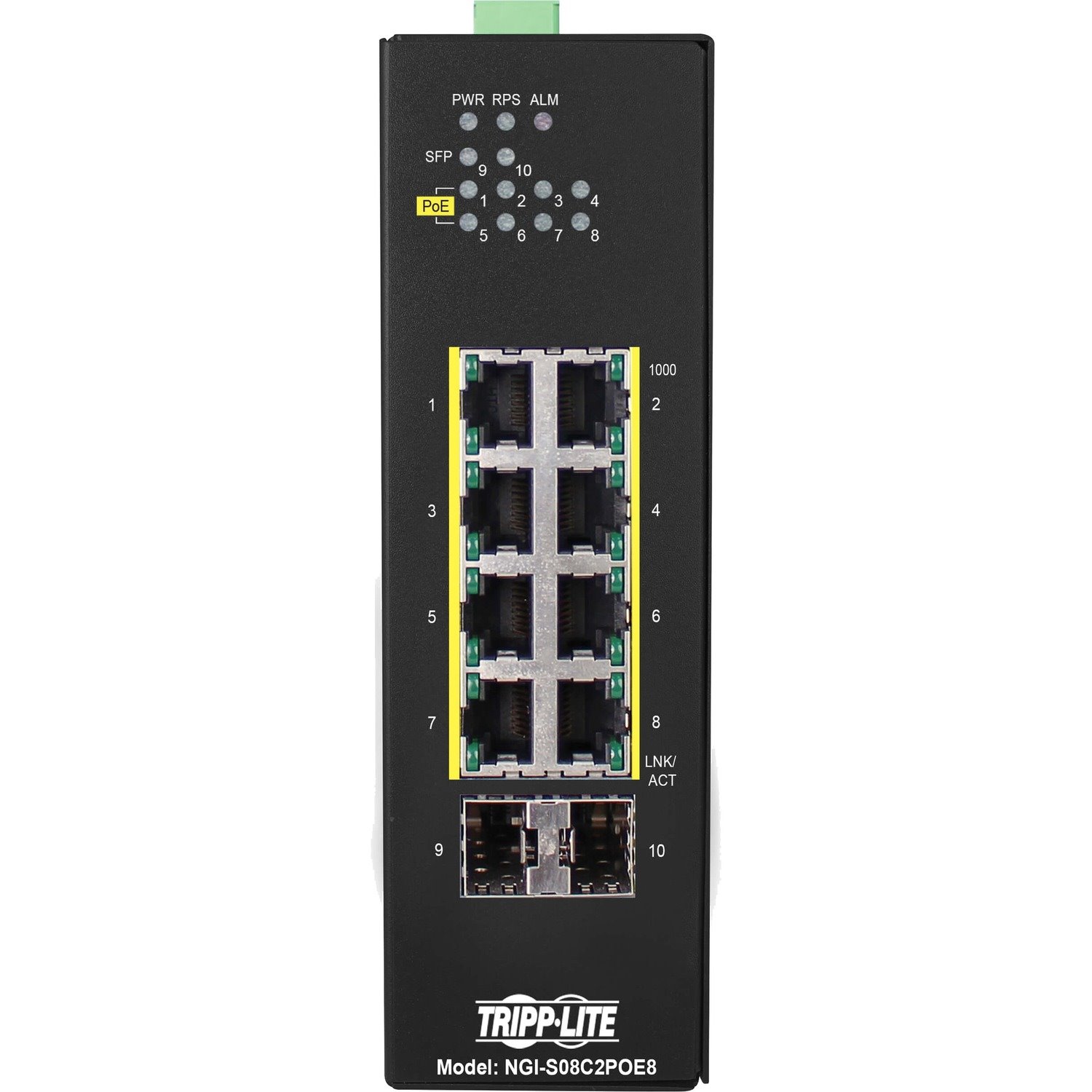 Tripp Lite by Eaton 8-Port Lite Managed Industrial Gigabit Ethernet Switch - 10/100/1000 Mbps, PoE+ 30W, 2 GbE SFP Slots, -10Â&deg; to 60Â&deg;C, DIN Mount - TAA Compliant