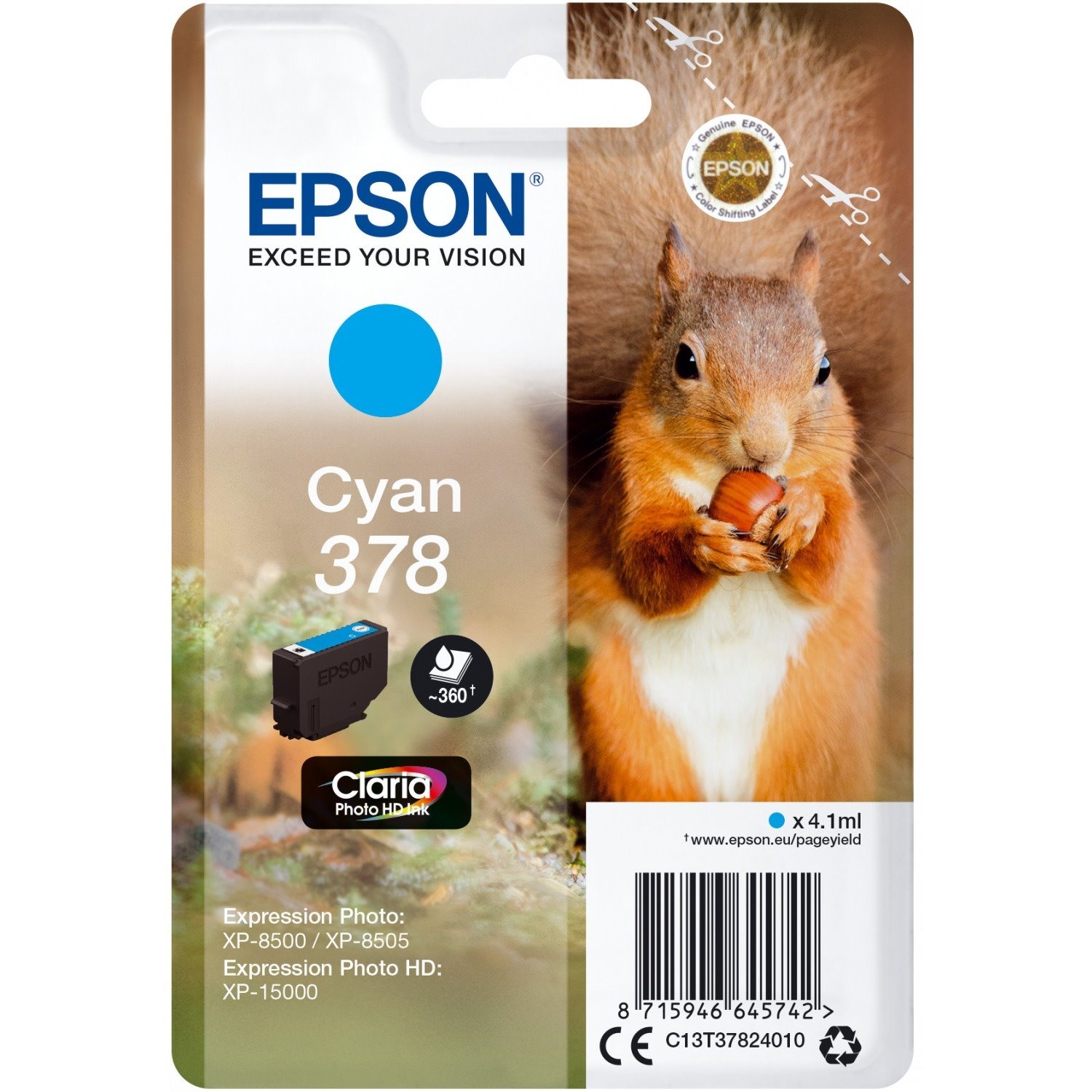 Epson Claria Photo HD 378 Original Standard Yield Inkjet Ink Cartridge - Single Pack - Cyan - 1 Pack