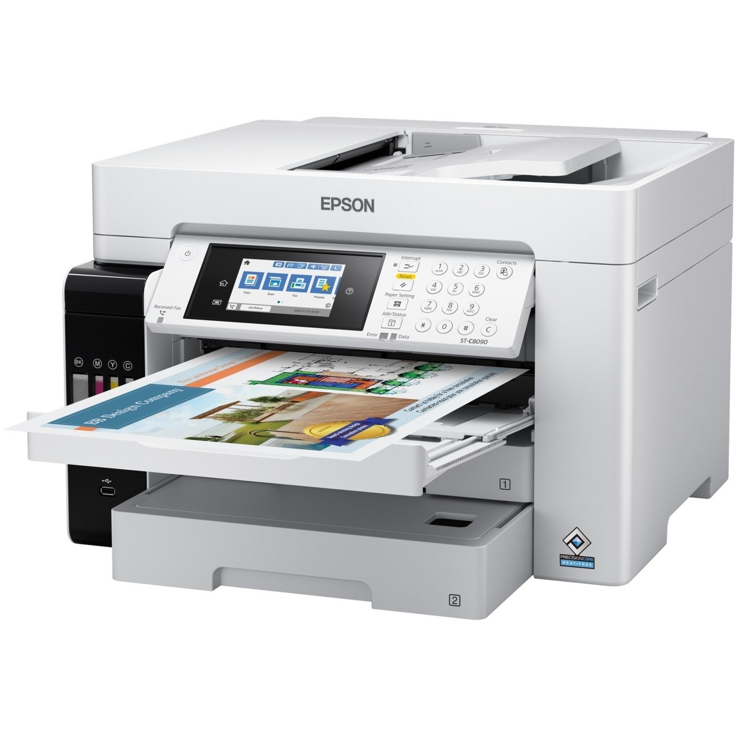 Epson WorkForce ST-C8090 Inkjet Multifunction Printer-Color-Copier/Fax/Scanner-4800x1200 dpi Print-Automatic Duplex Print-66000 Pages-550 sheets Input-Color Flatbed Scanner-1200 dpi Optical Scan-Color Fax-Wireless LAN-Epson Connect-Mopria