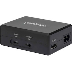 Manhattan Smart Video Multiport Dock, Ports (x5): HDMI Port, USB-A (x2), USB-C (x2), With Power Delivery to USB-C Port, Internal Power Supply, Ultra-Compact, Detachable Power Cable, Black, Three Year Warranty, Retail Box