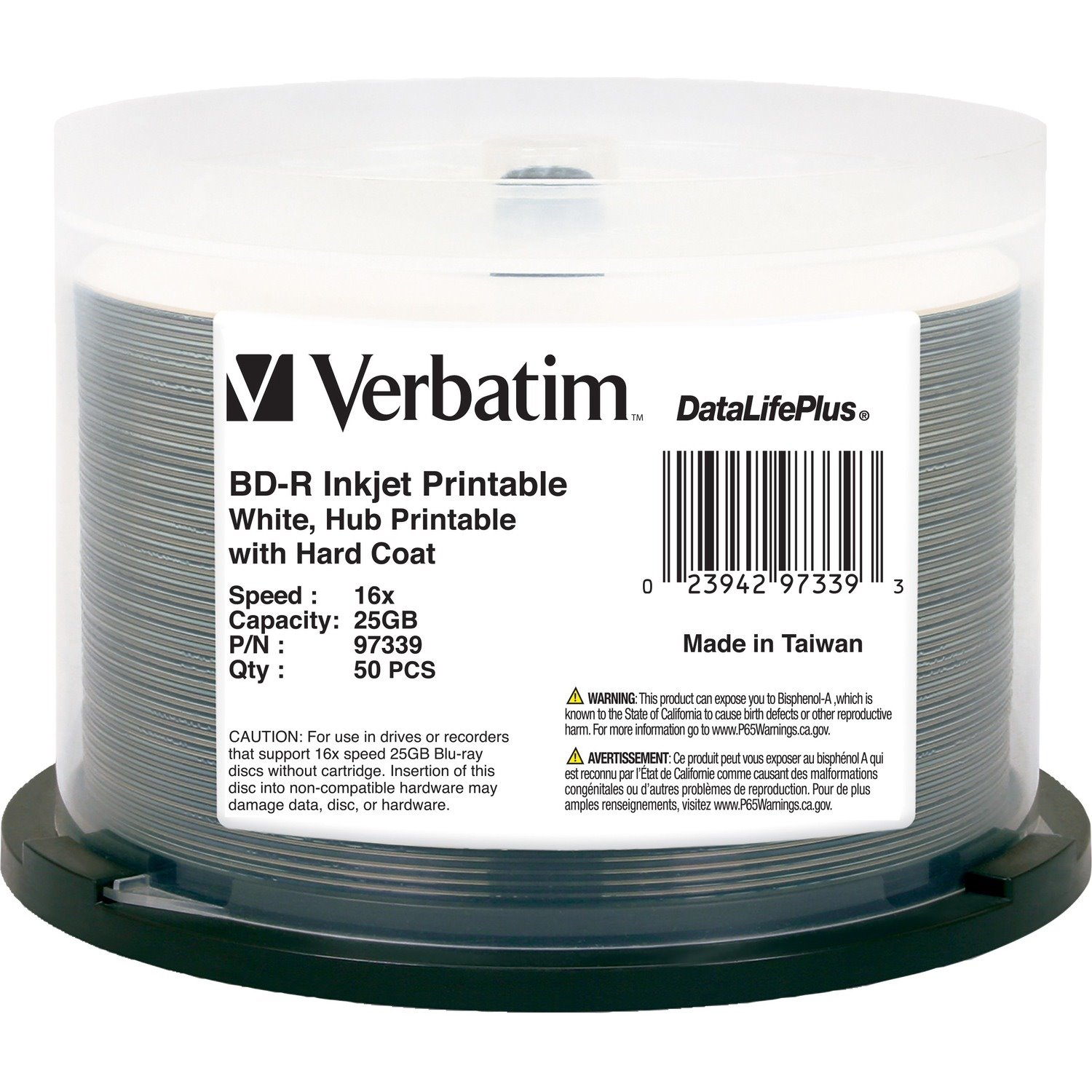 BD-R 25GB 16X DataLifePlus White Inkjet Printable, Hub Printable - 50pk Spindle