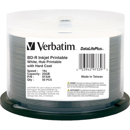 BD-R 25GB 16X DataLifePlus White Inkjet Printable, Hub Printable - 50pk Spindle