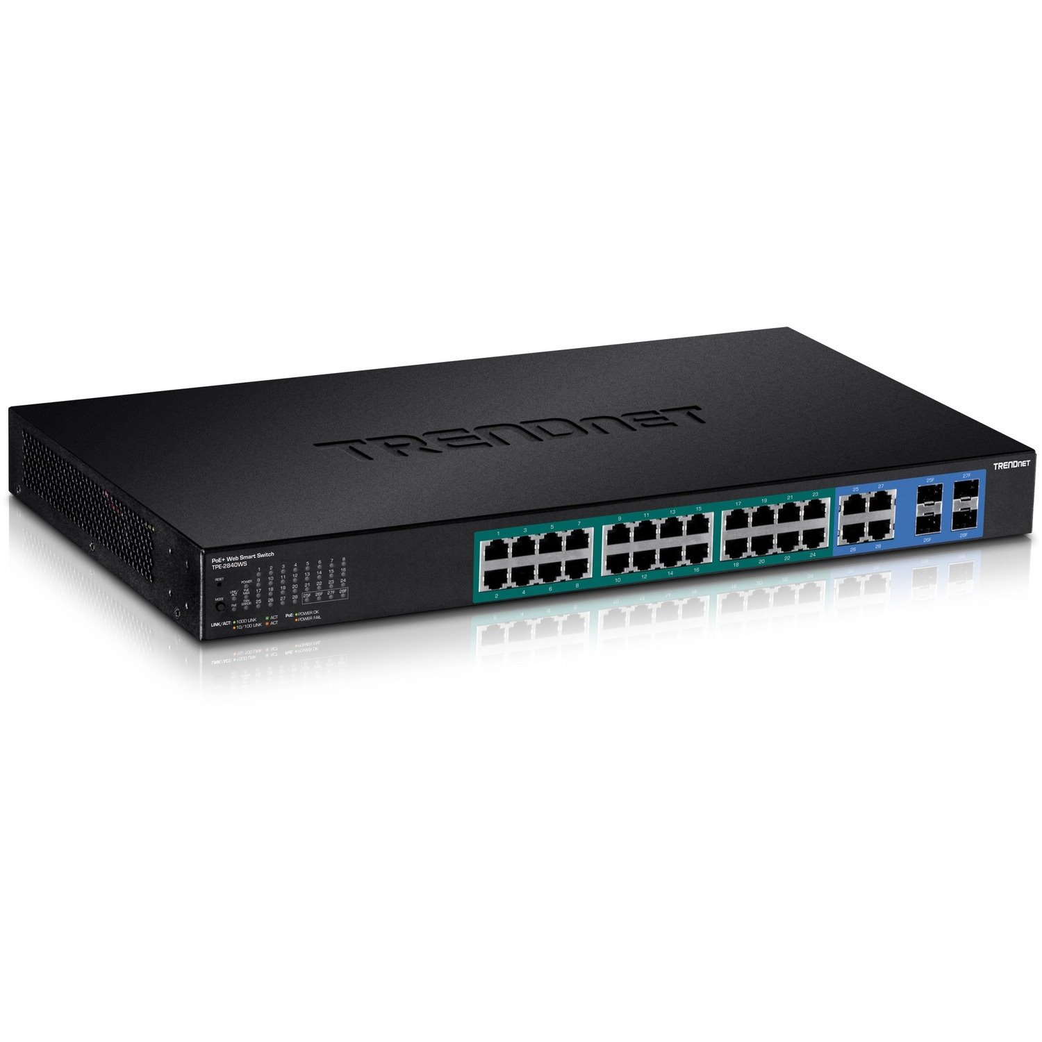 TRENDnet 28-Port Gigabit Web Smart PoE+ Switch, 24 x Gigabit Ports, 4 x Shared Gigabit Ports (RJ-45 or SFP), 185W PoE Budget, 56Gbps Switching Capacity, Lifetime Protection, Black, TPE-2840WS