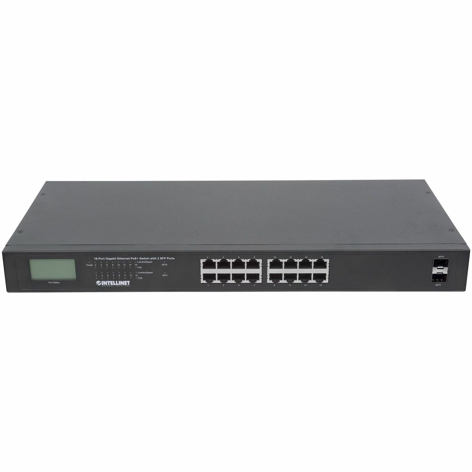 Intellinet 16-Port Gigabit Ethernet PoE+ Switch with 2 SFP Ports and LCD Screen