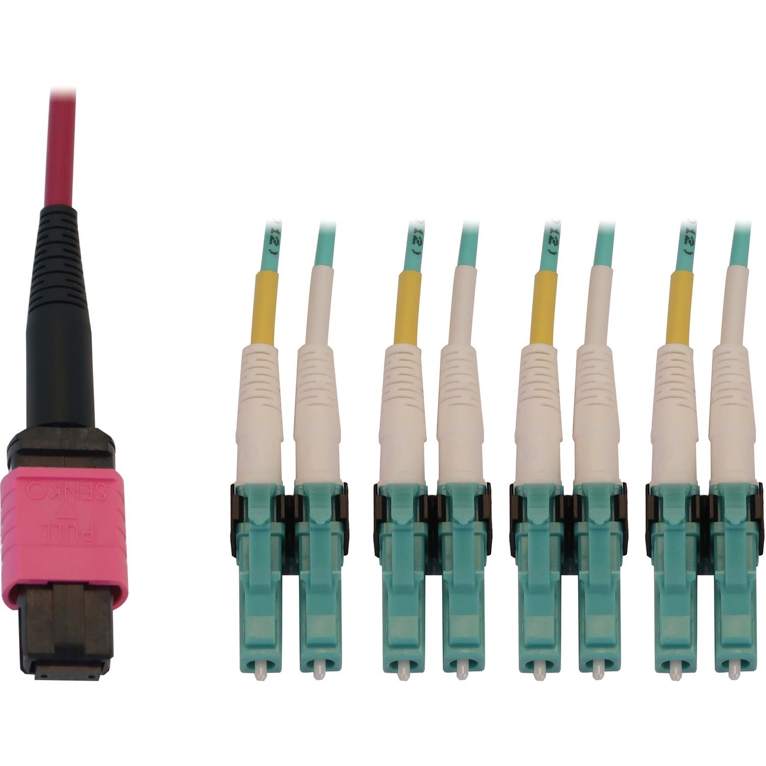 Eaton Tripp Lite Series 40/100G Multimode 50/125 OM4 Fiber Optic Cable (12F MTP/MPO-PC to 4x Duplex LC/PC F/M), LSZH, Magenta, 5 m (16.4 ft.)