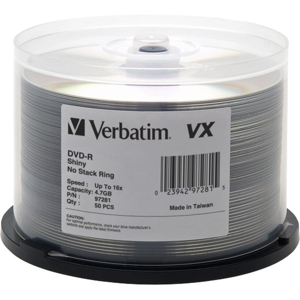 Verbatim DVD-R 4.7GB 16X VX Shiny Silver Silk Screen Printable - 50pk Spindle