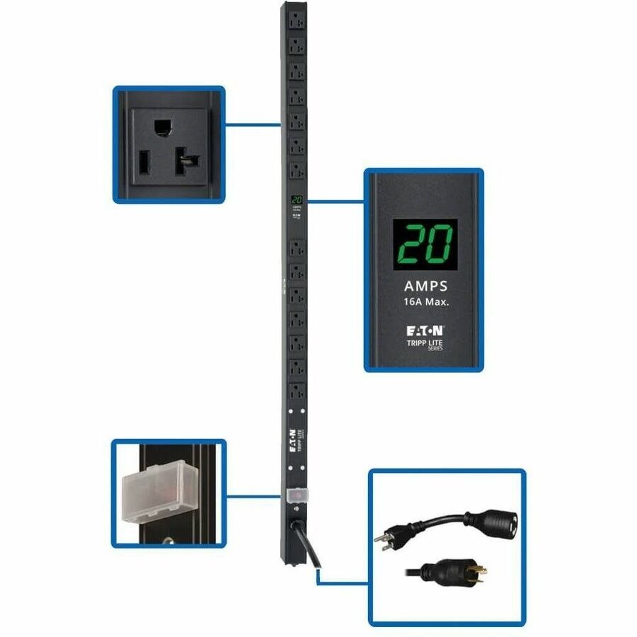 Eaton Tripp Lite Series 2kW Single-Phase Local Metered PDU, 100-127V Outlets (14 5-15/20R), L5-20P/5-20P adapter, 0U Vertical, 36 in. Height