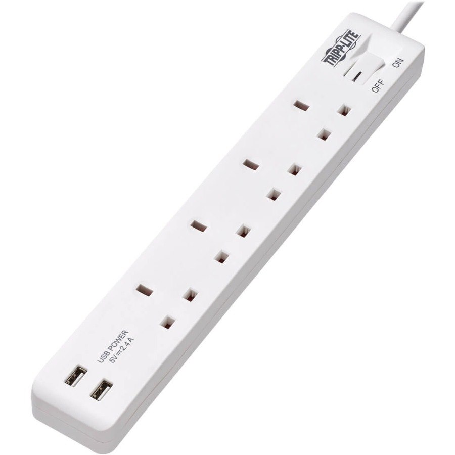 Tripp Lite by Eaton 4-Outlet Power Strip with USB-A Charging - BS1363A Outlets, 220-250V, 13A, 1.8 m Cord, BS1363A Plug, White