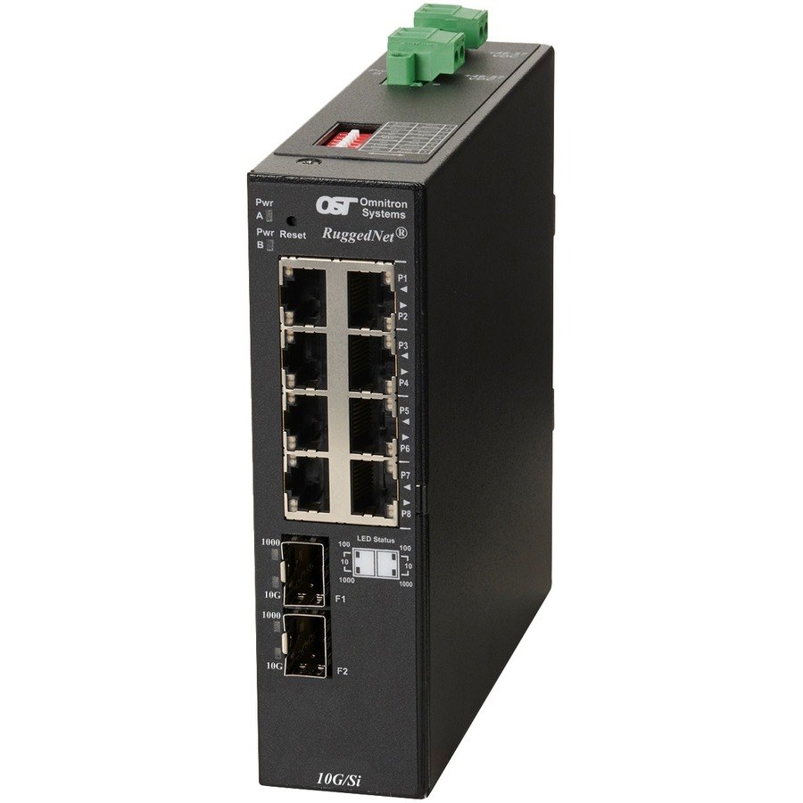 Omnitron Systems RuggedNet 10G/Si , 2xSFP/SFP+, 8xRJ-45, 2xDC Powered Industrial Temp