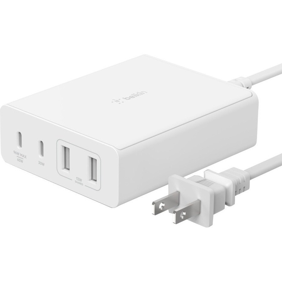 Belkin 108W 4-Port GaN Charger - 2xUSB-A, 2xUSB-C (108W Total) - 2m/6.6ft Power Cord - White