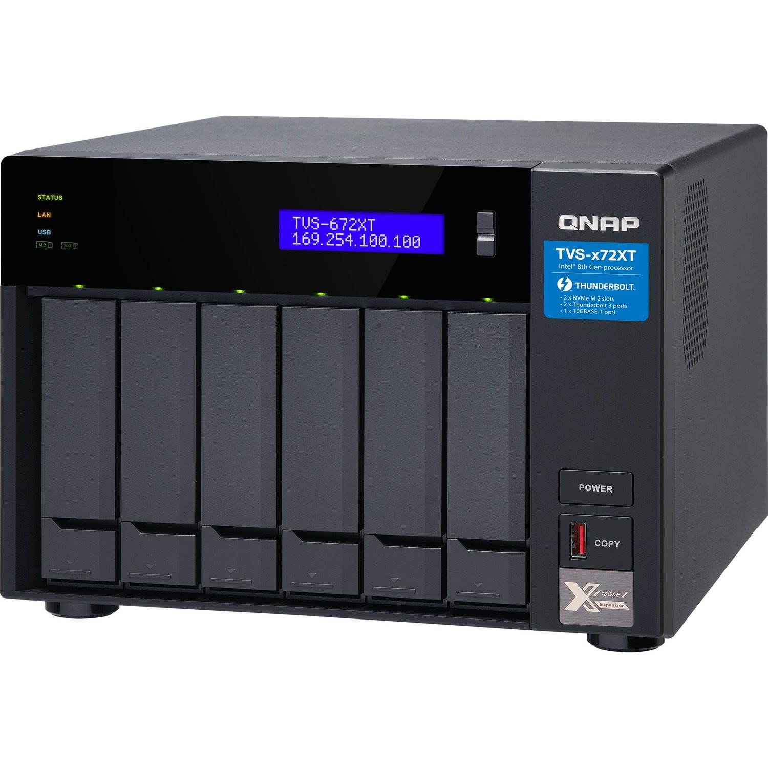 QNAP TVS-672XT-I3-8G 6 x Total Bays SAN/NAS/DAS Storage System - 4 GB Flash Memory Capacity - Intel Core i3 i3-8100T Quad-core (4 Core) 3.10 GHz - 8 GB RAM - DDR4 SDRAM Tower
