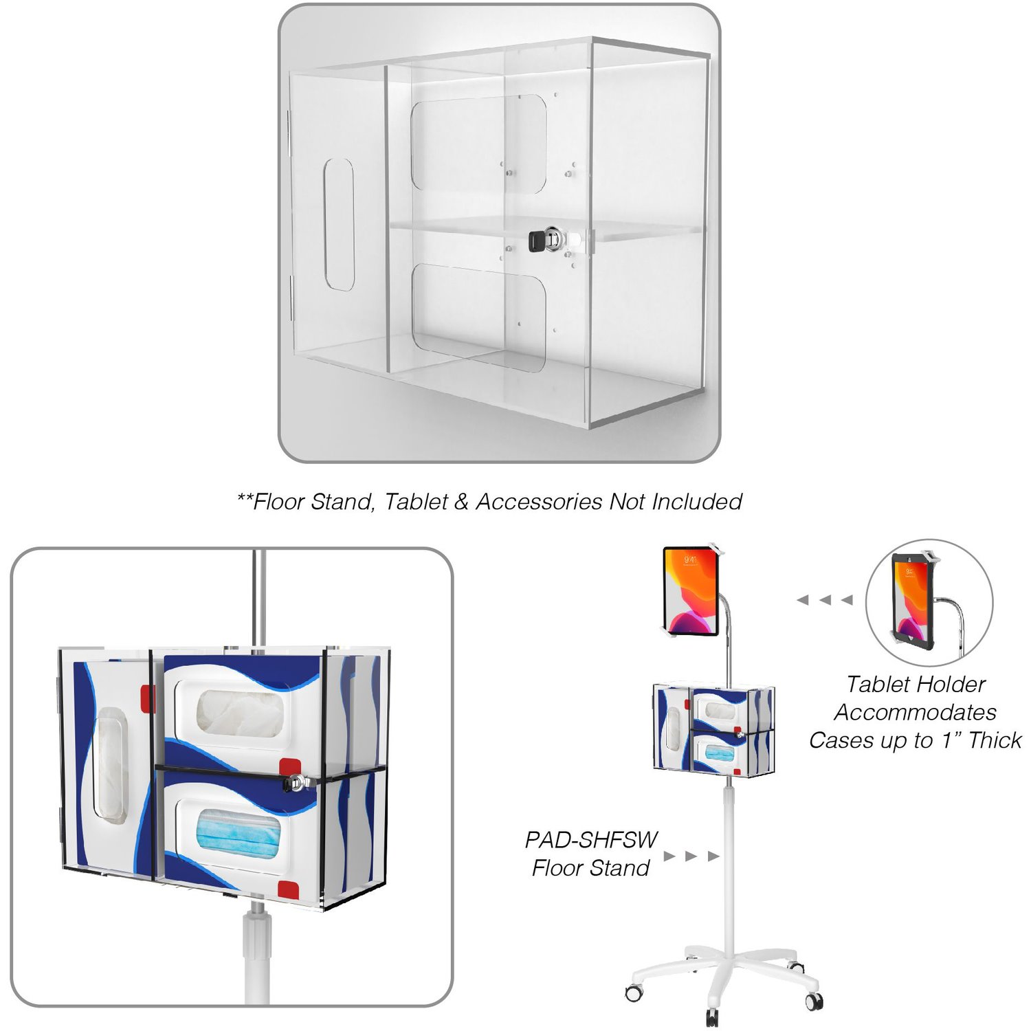 CTA Digital Security Box Acrylic Sanitizing Kit Compartment with VESA Compatibility for both Floor Stands and Wall Placement