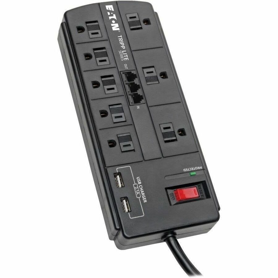 Eaton Tripp Lite Series 8-Outlet Surge Protector with 2 USB Ports (2.1A Shared) - 8 ft. (2.43 m) Cord, 1200 Joules, Tel/Modem, Black