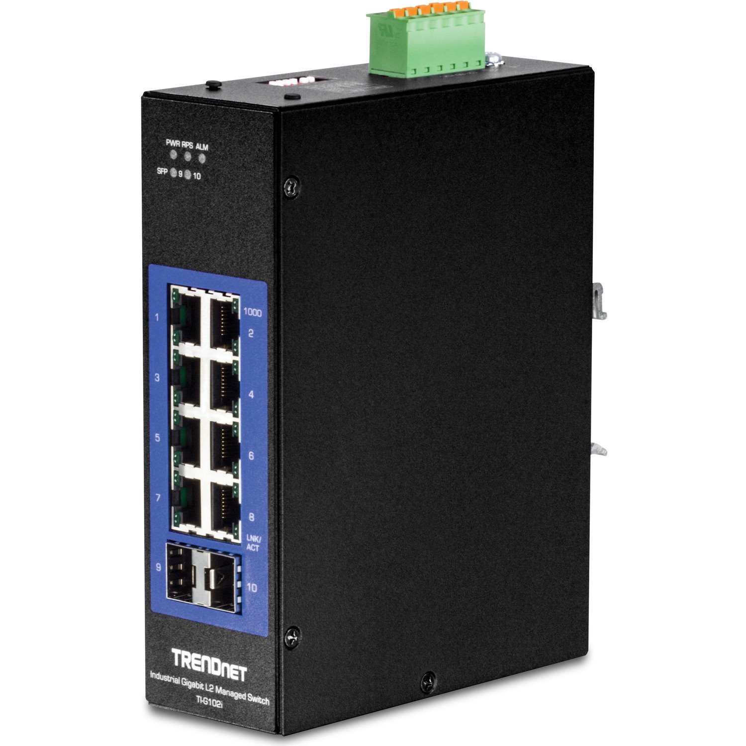 TRENDnet 10-Port Industrial Gigabit L2 Managed DIN-Rail Switch; 8 X Gigabit; 2 X SFP Slots; DIN-Rail Mount; IP30; Vlan; Qos; Lacp; Stp/Rstp; Bandwidth Management; Lifetime Protection; TI-G102i