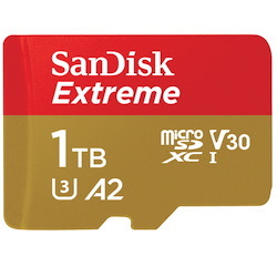 SanDisk Extreme microSDXC, Sqxa1 1TB, V30, U3, C10, A2, Uhs-I, 160MB/s R, 90MB/s W, 4X6, SD Adaptor, Lifetime Limited