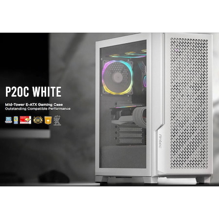 Antec P20C White, E-Atx, Atx, Usb-C, Cable Management , 4X HDD Or SSD , 375MM Gpu, 170MM Cpu 3X PWM White 12 CM Fan, Tempered Glass, Gaming Case