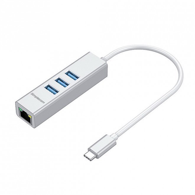 Simplecom CHN421 Silver Aluminium Usb-C To 3 Port Usb Hub With Gigabit Ethernet Adapter