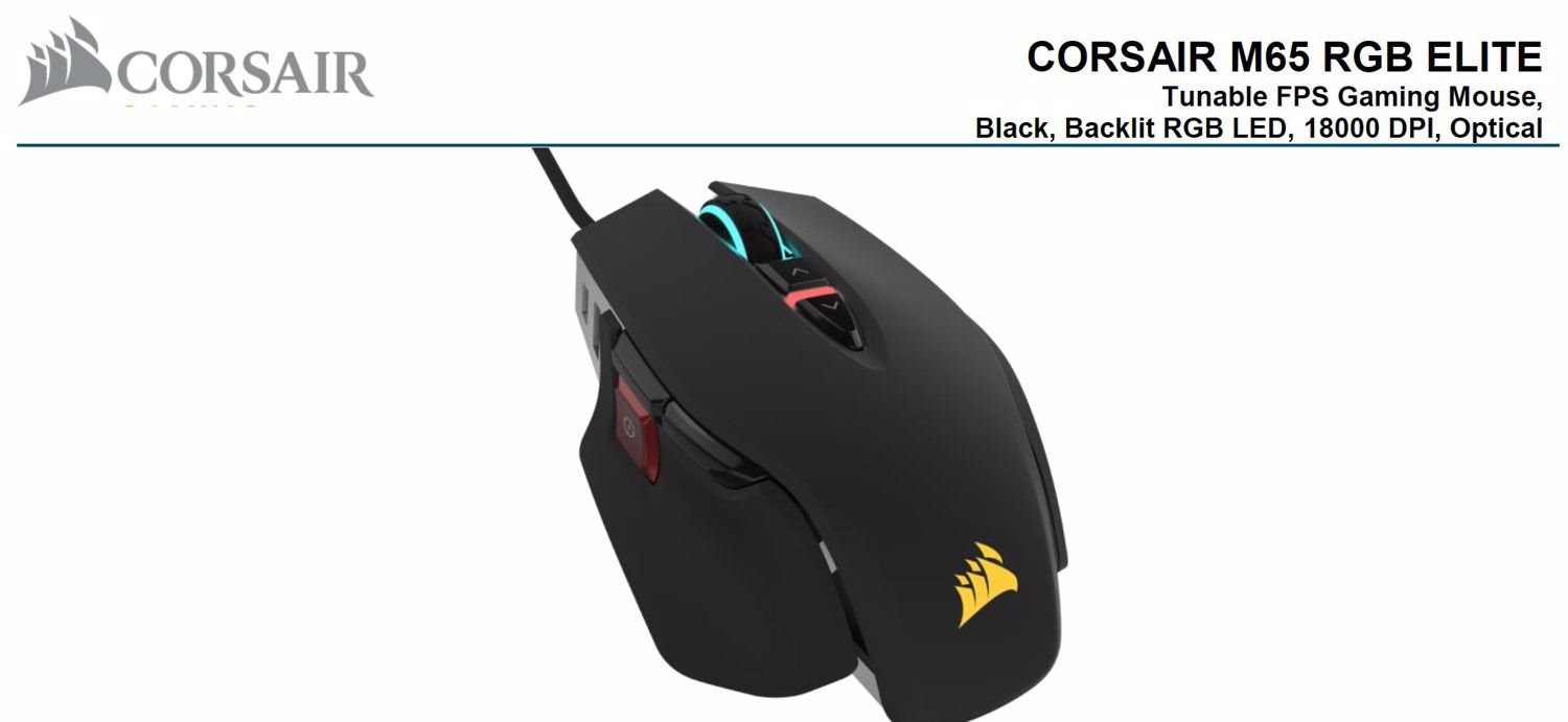 Corsair M65 RGB Elite Tunable FPS Gaming Mouse Black, 18000 Dpi, Optical, Icue Software.