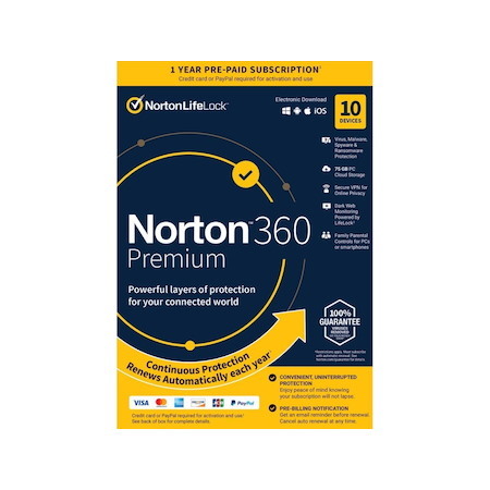 Norton 360 Premium 2023 - 10 Devices - 1 Year With Auto Renewal - Key Card