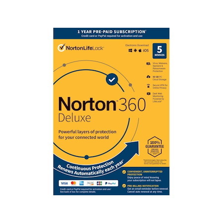 Norton 360 Deluxe 2023 - 5 Devices - 1 Year With Auto Renewal - Key Card