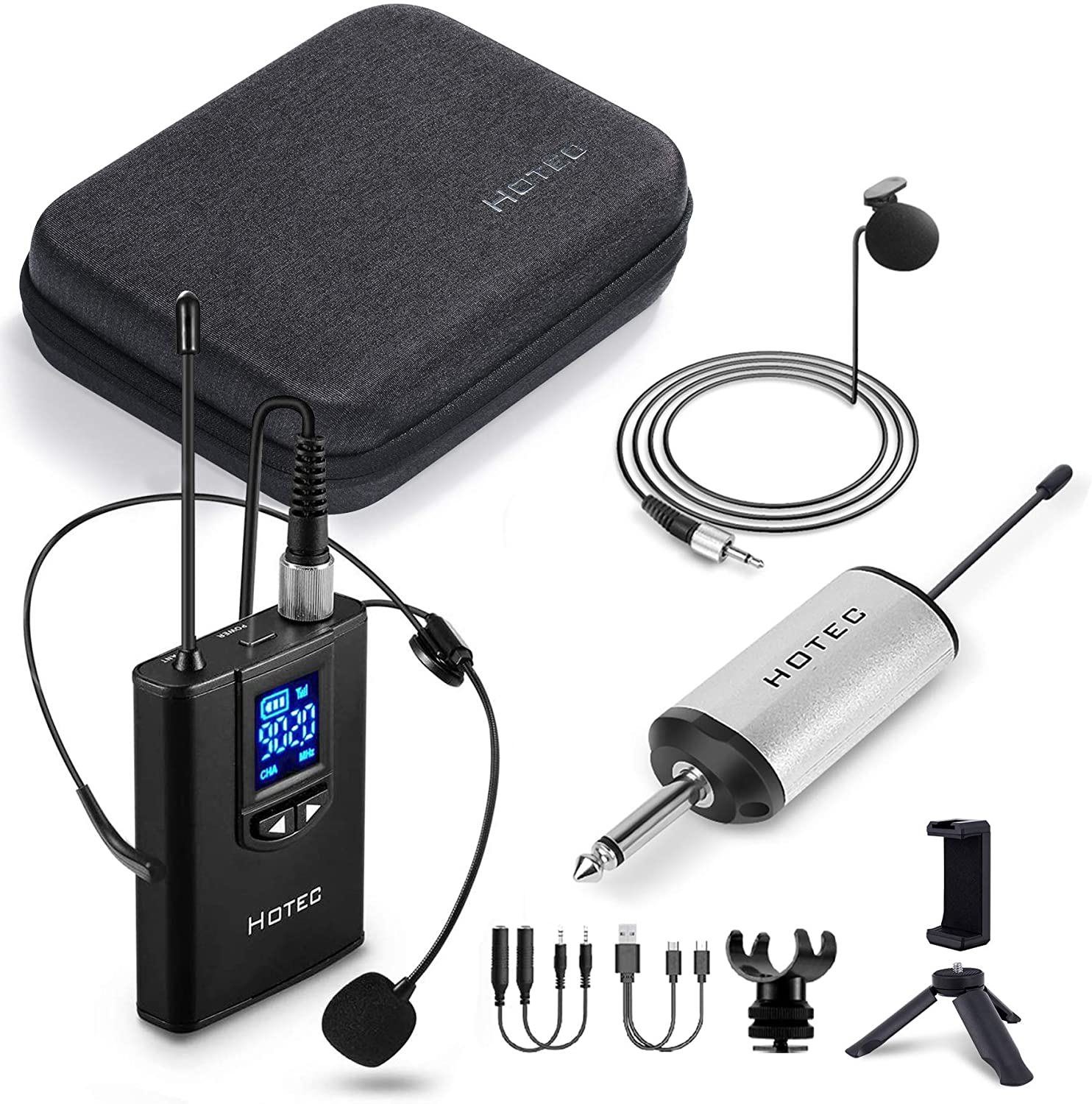 Hotec Wireless Lapel Lavalier and Headset Microphone System with Mini Rechargeable Receiver, for Recording and Live Performances