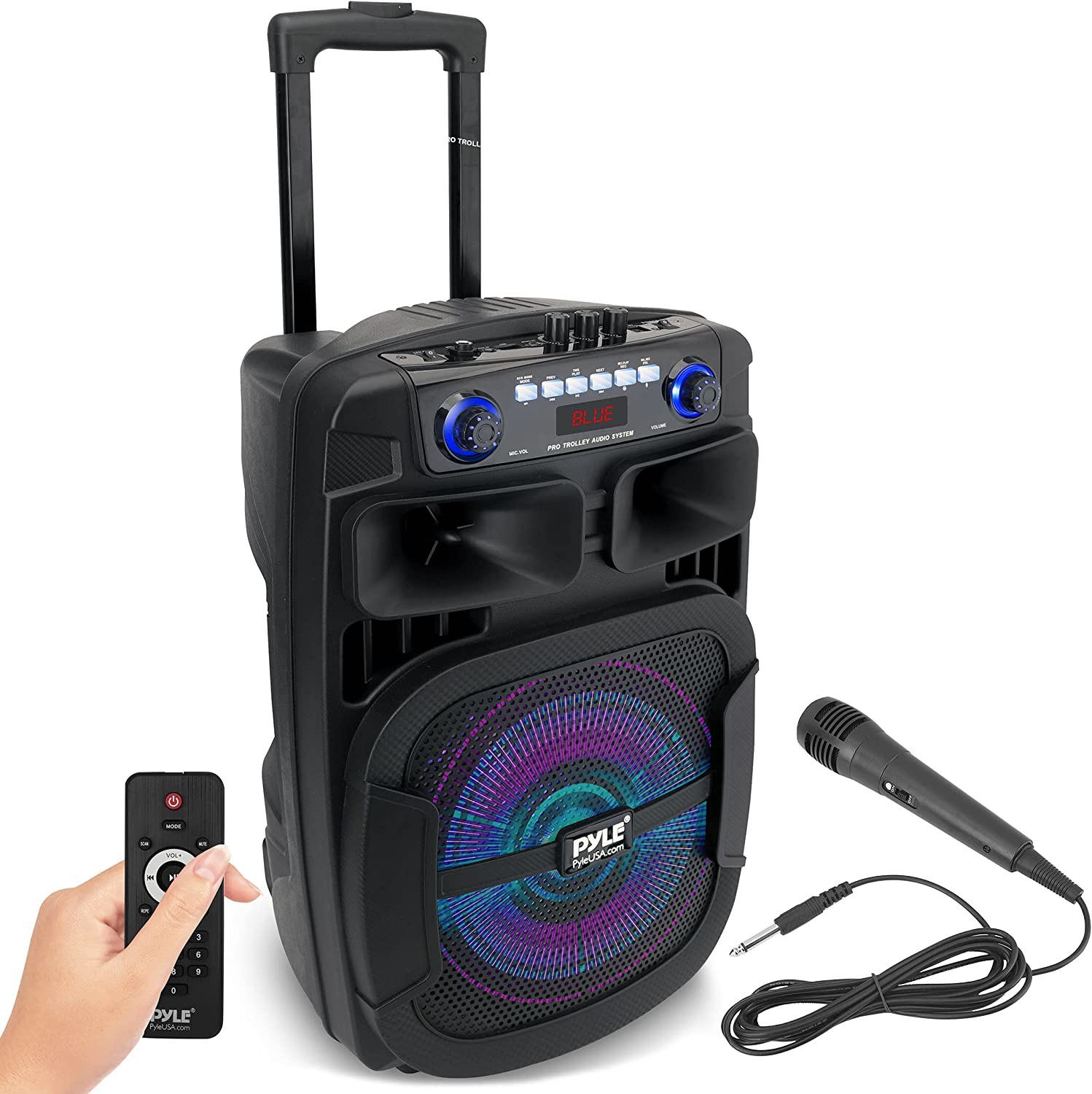 Portable Bluetooth PA Speaker System - 800W 12” Outdoor Bluetooth Speaker Portable PA System - Party Lights, USB SD Card Reader, FM Radio, Rolling Wheels - Wired Microphone, Remote - Pyle