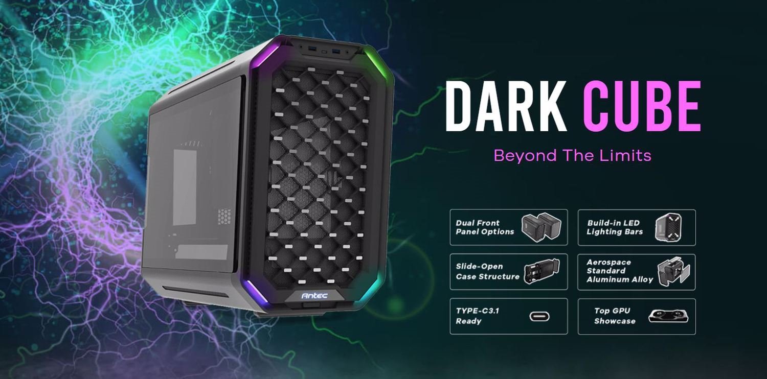 Antec Dark Cube M-Atx, Dual Front Panel, Slide Open Structure, Usb Type-C 3.1, Led Light Bars, Aluminum Alloy Structure, Top Gpu Window Gaming Case