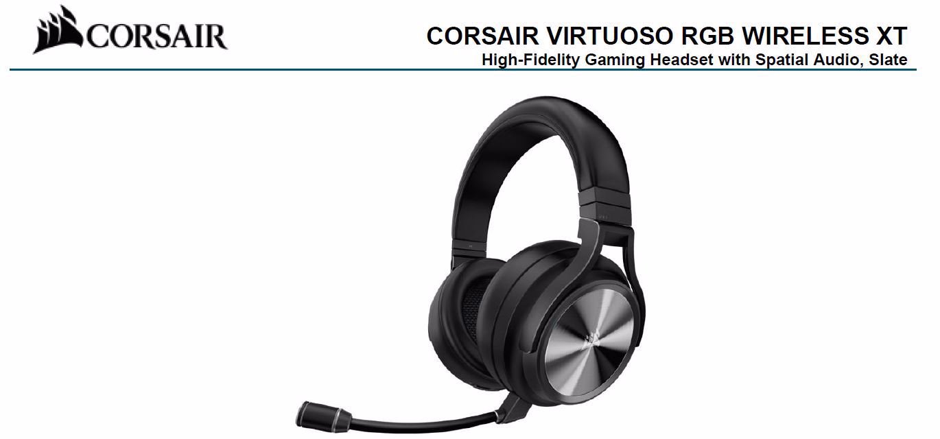 Corsair Virtuoso RGB Wilress XT Black 7.1 Audio. High Fidelity Ultra Comfort, Broadcast Grade Microphone, Slipstream Wireless Usb. Headset,