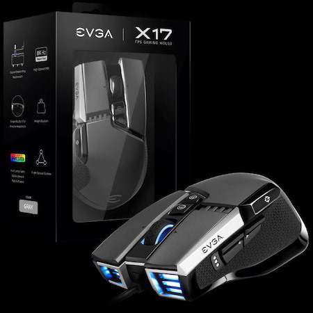 Evga X17 Gaming Mouse, Wired, Grey, Customizable, 16,000 Dpi, 5 Profiles, 10 Buttons, Ergonomic 903-W1-17GR-K3