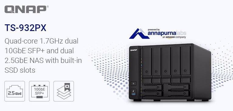 Qnap 9-Bay Nas (No Disk), Alpine QC 1.7GHz, 4GB, 2.5GbE(2), 10GbE SFP+(2), TWR, 2YR WTY